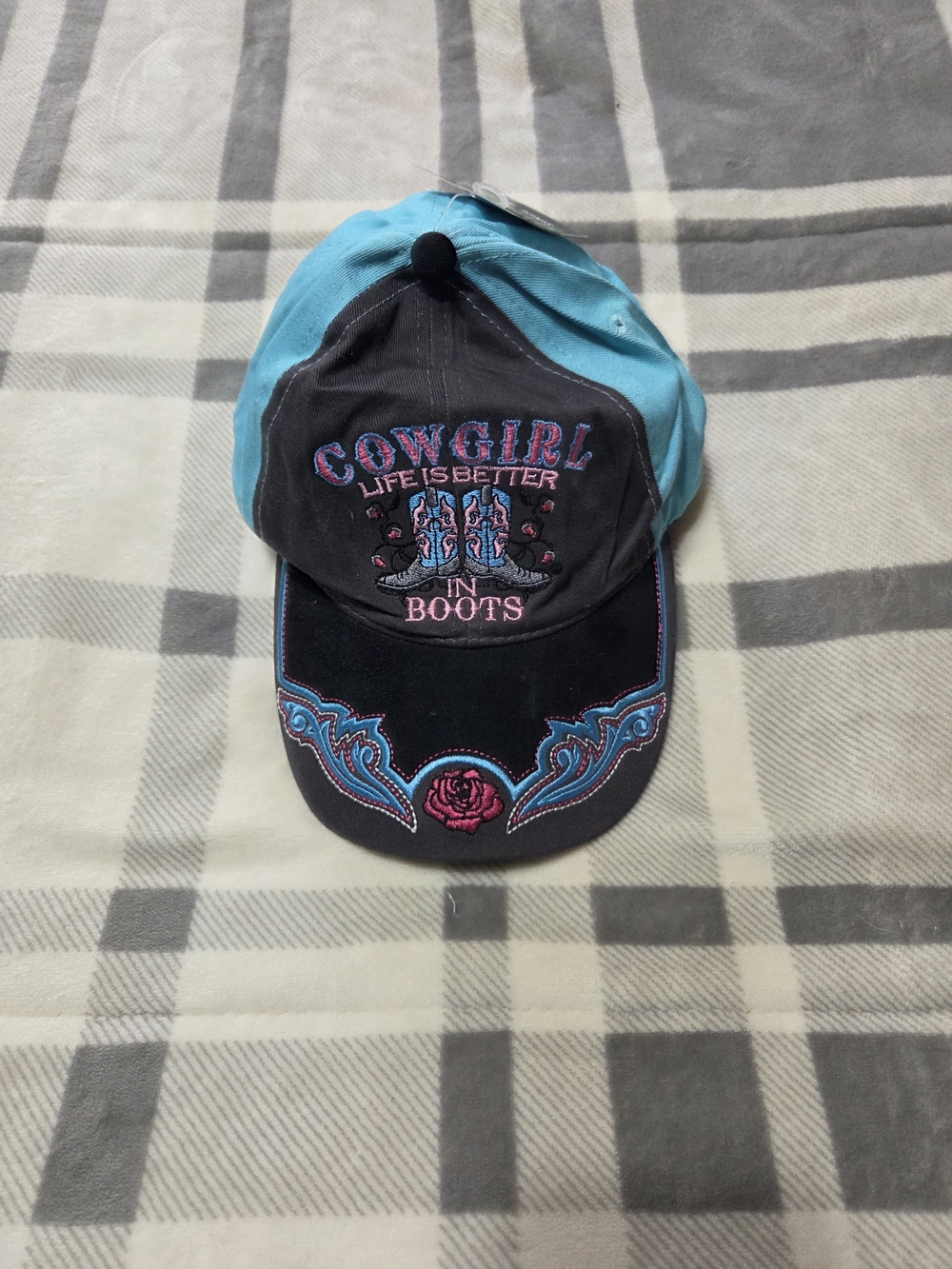 Cowgirl Embroidered Black & Turquoise Baseball Cap - 'Life Is Better In Boots'